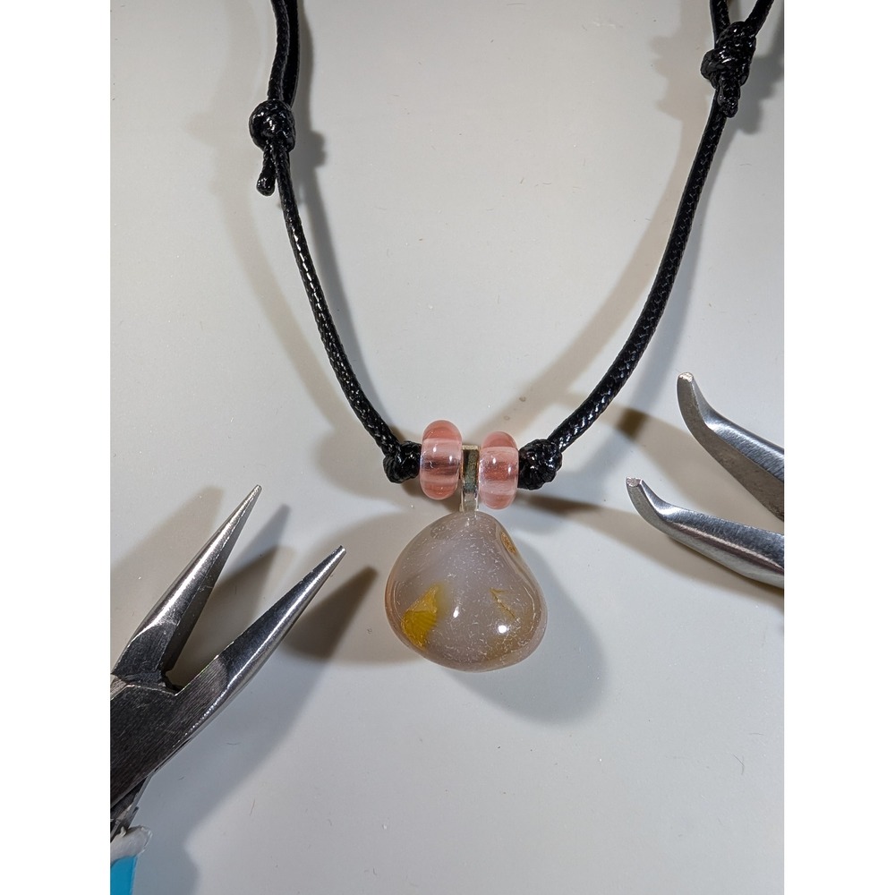 Natural Stone Banded Agate Pendant Adjustable Black Cord Necklace Pink Beads